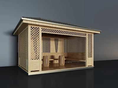 Wooden Pavilion With Lattice Design Roof Benches And Table For Outdoor Use 3d model