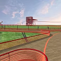 Curved Wooden Walkway With Red Borders On Green Grass Road Infrastructure With Red Tower