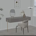 Modern Dressing Table With Gold Metal Legs Round Mirror White Chair And Potted Plant