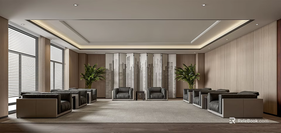 Modern Elegant Hotel Public Lounge With Wooden Walls Gray Sofas Green Plants And Area Rug 3d model 