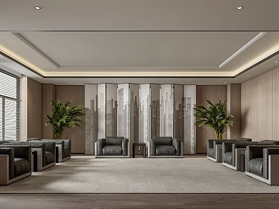 Modern Elegant Hotel Public Lounge With Wooden Walls Gray Sofas Green Plants And Area Rug 3d model