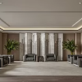 Modern Elegant Hotel Public Lounge With Wooden Walls Gray Sofas Green Plants And Area Rug