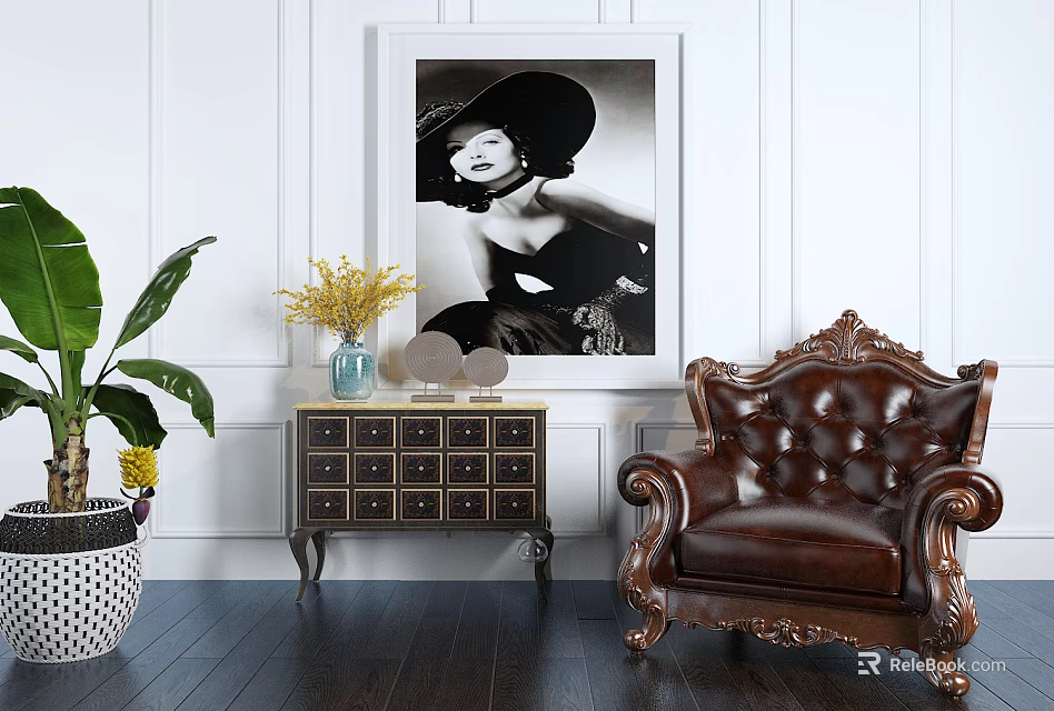 Vintage Leather Single Sofa With Carved Armrest Living Room Decorative Cabinet Vase Flower Painting 3d model 