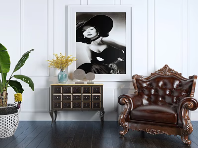 Vintage Leather Single Sofa With Carved Armrest Living Room Decorative Cabinet Vase Flower Painting 3d model