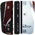 Modern Exterior Doors With Black Red Panels Glass Inserts And Metal Handles