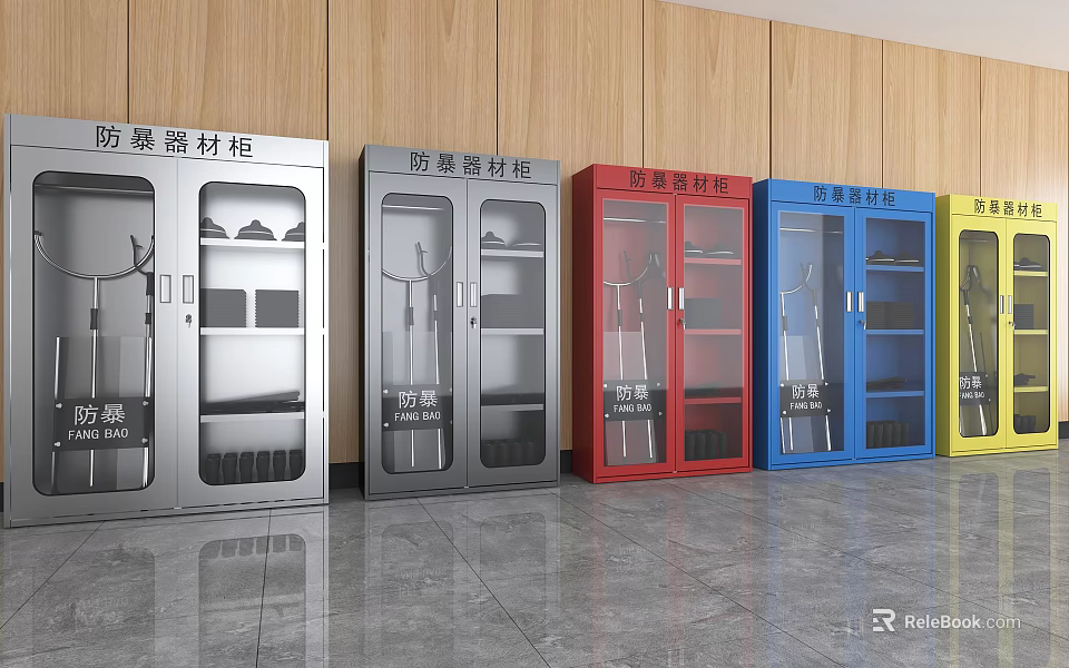 Explosion Proof Material Cabinets in Various Colors with Glass Doors Against Wooden Wall Background 3d model 