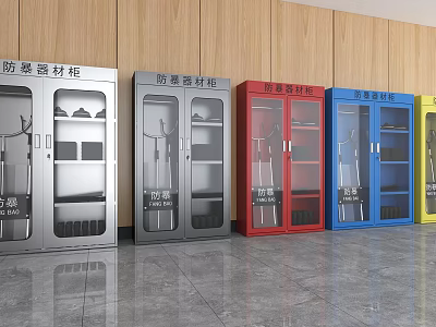 Explosion Proof Material Cabinets in Various Colors with Glass Doors Against Wooden Wall Background 3d model