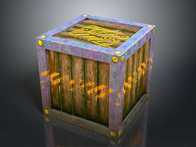 Wooden Crate With Metal Corners Yellow Top Pattern And Orange Side Text 3d model