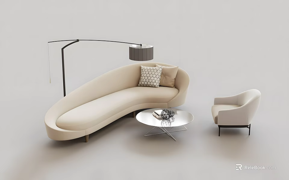 Modern Curved Beige Sofa And Round Coffee Table Set With Armchair And Floor Lamp 3d model 