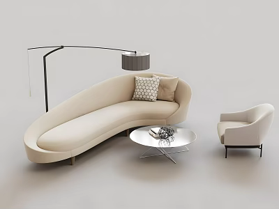 Modern Curved Beige Sofa And Round Coffee Table Set With Armchair And Floor Lamp 3d model