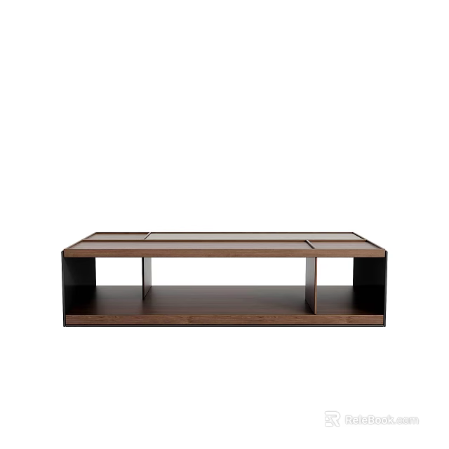 Modern Walnut Wood Coffee Table With Lower Storage Shelf And Rectangular Top 3d model