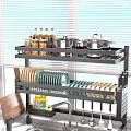 Organized Kitchen Shelf With Jars Pots Colorful Plates And Cooking Utensils