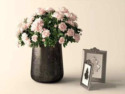 Dark Metallic Vase With Pink Roses And Green Leaves Alongside Silver Framed Butterfly 3d model