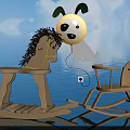 Wooden Building Blocks Rocking Horse Chair And Puppy Doll With Blue Sky Water Reflection