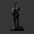 Bearded Miner Character In Vest Holding Pickaxe With Mining Lamp On Stone Base