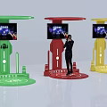 Colorful Digital Display Stands With Screens And People Interacting In Green Red Yellow