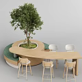 Modern Table and Chair Set with Circular Design Central Green Plant and White Chairs