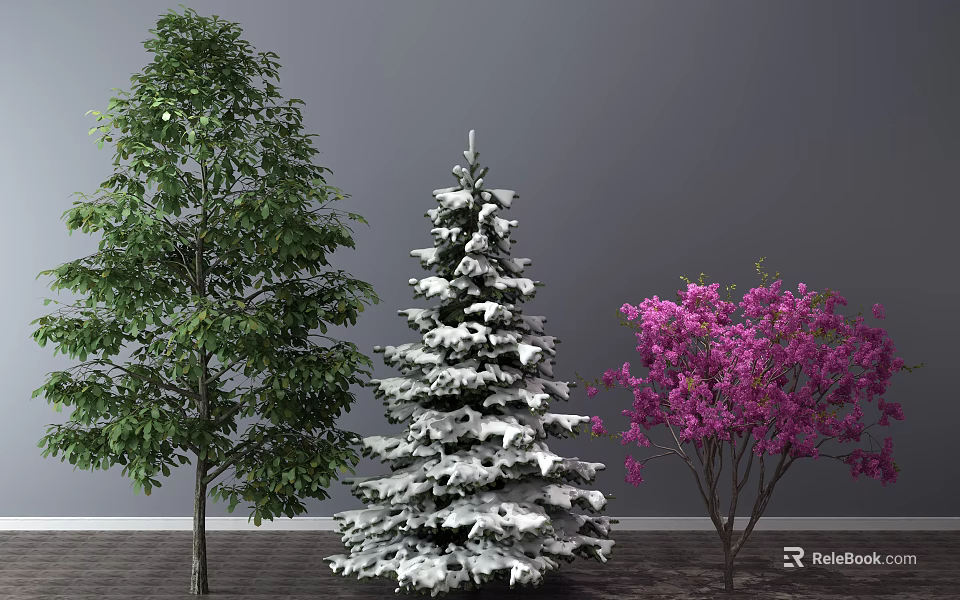 Green Leafy Snow Covered and Purple Flowering Trees Against Gray Wall Dark Floor 3d model 