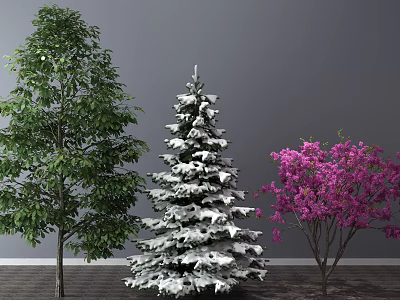 Green Leafy Snow Covered and Purple Flowering Trees Against Gray Wall Dark Floor 3d model