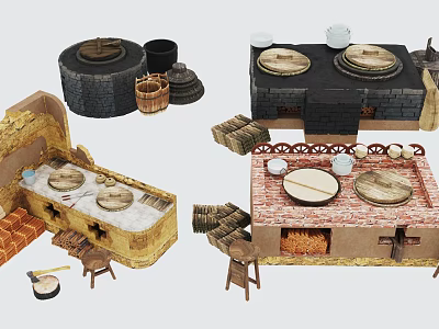 Authentic Rural Landscape Featuring Traditional Earthen Stoves Brick Ovens And Wooden Stools 3d model