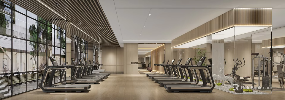 Modern Fitness Gym Interior With Treadmills And Wooden Design Spacious Workout Area 3d model 