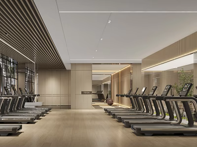 Modern Fitness Gym Interior With Treadmills And Wooden Design Spacious Workout Area 3d model