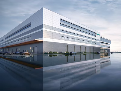 Modern Industrial Factory Building Exterior With Glass Windows Parking Area And Water Reflection 3d model