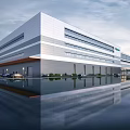 Modern Industrial Factory Building Exterior With Glass Windows Parking Area And Water Reflection
