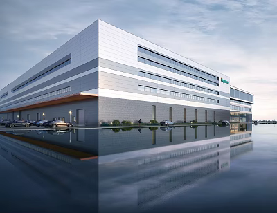 Modern Industrial Factory Building Exterior With Glass Windows Parking Area And Water Reflection 3d model