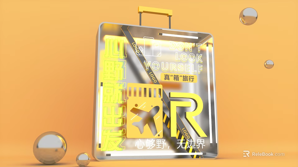Vibrant Photo Check-in Spot with Transparent Suitcase Yellow Text Orange Background and Airplane Icons 3d model 