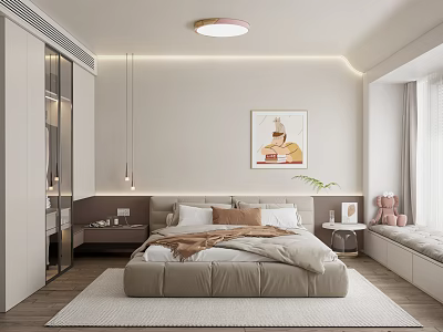 Modern Cozy Bedroom Interior With King Size Bed Nightstand Wardrobe And Decorative Painting 3d model