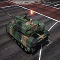Military Camouflage Main Battle Tank On Grassland With Trees And Power Tower
