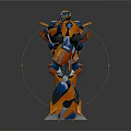 Orange And Blue Futuristic Robots With Mechanical Structure Standing On Reflective Surface