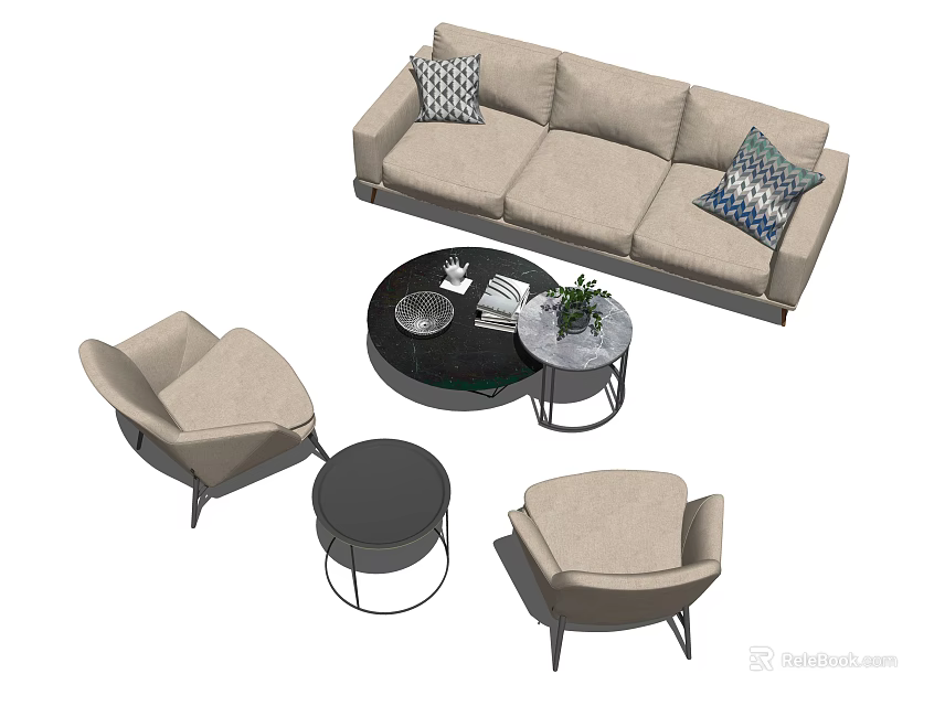 Modern Beige Sofa Coffee Table Set With Patterned Pillows And Armchairs 3d model
