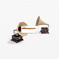 Vintage Gramophones With Brass Horns And Wooden Bases On White Background