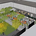 Modern Commercial Landscape Design With Glass Facade Outdoor Seating Trees And Lawn