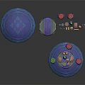 Scene Components Featuring Circular Blue Platforms Purple Structures and Colorful Tops 3d model