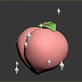 Cartoon Style Pink Peach With Green Leaves And White Stars On Black Background With Reflections