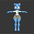 Blue Cartoon Cat Character With Big Eyes White Shirt Green Button And Beige Skirt