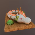 Snake Shaped Sushi Platter With Decorative Head Green Garnish On Wooden Tray And Soy Sauce