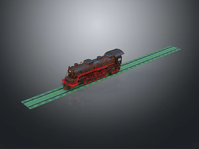 Vintage Steam Train Model With Red Black Design On Green Railway Track 3d model