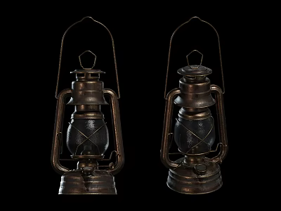 Vintage Old Fashioned Kerosene Lamps With Brass Frame Glass Shade And Handle 3d model