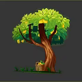 Cartoon Scene of Tree With Yellow Fruits Brown Trunk and Basket on Green Grass