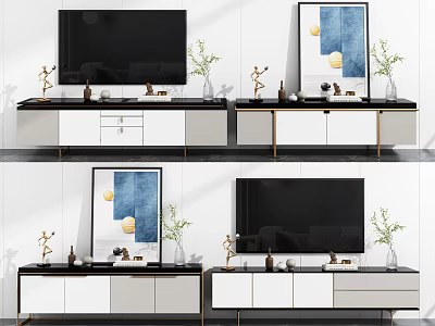 Elegant Modern TV Stand With Black TV Decorations Green Plants And White Frame 3d model