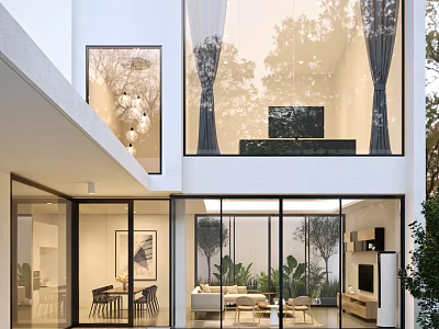 Modern Garden Landscape Design With Large Windows Glass Doors And Indoor Outdoor Greenery 3d model
