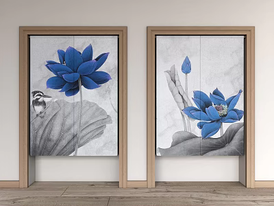 Decorative Kitchen Curtains With Blue Lotus Flower And Gray Leaf Design 3d model
