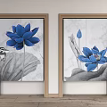 Decorative Kitchen Curtains With Blue Lotus Flower And Gray Leaf Design