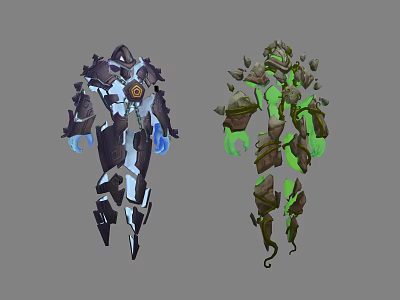 Mechanical And Rocky Fantasy Characters With Blue And Green Glowing Elements 3d model