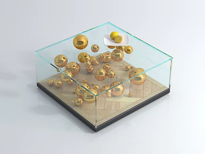 Modern Transparent Glass Coffee Table With Wooden Base Decorated Golden Balls And Small Yellow Object 3d model
