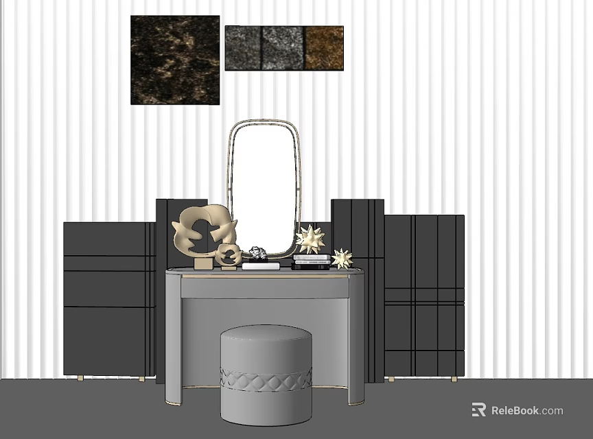 Modern Dressing Table Interior With Arch Mirror Drawer Cabinets Stool And Sculptures 3d model